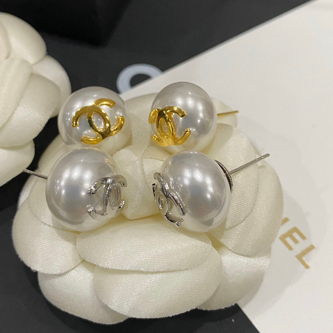 Elegant Logo Pearl Stud Earrings