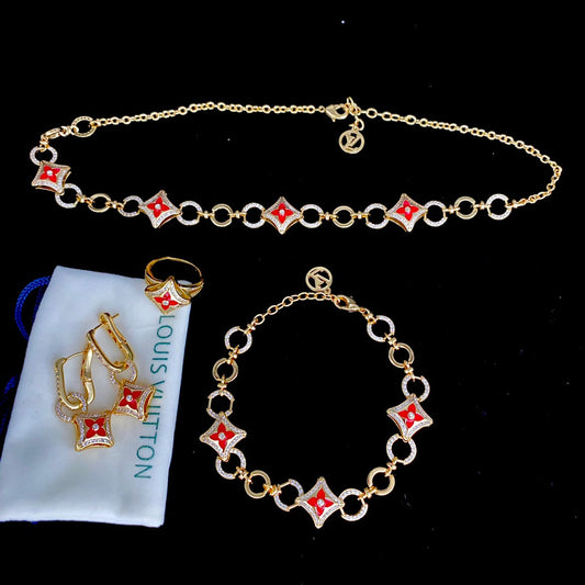 Diamond Red Clover Flower Jewelry Set